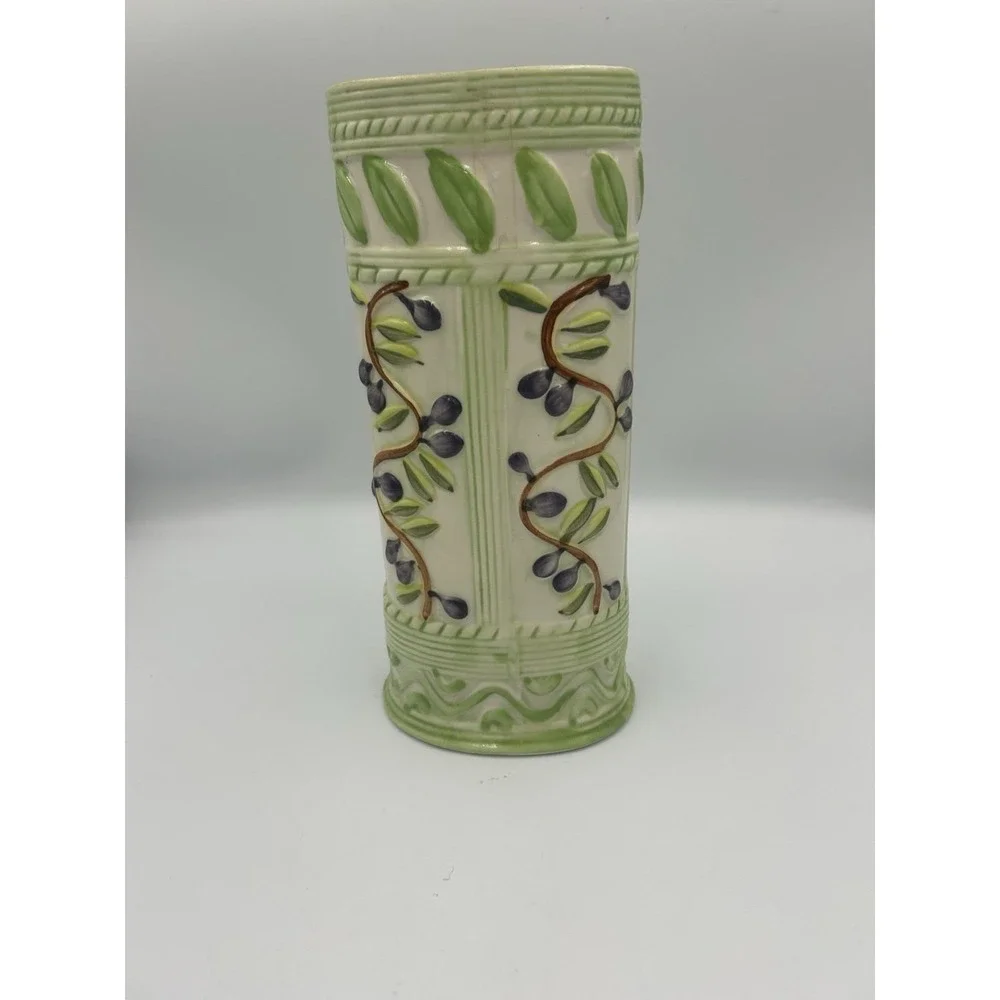 Majolica Style Olive Vine Cylinder Vase